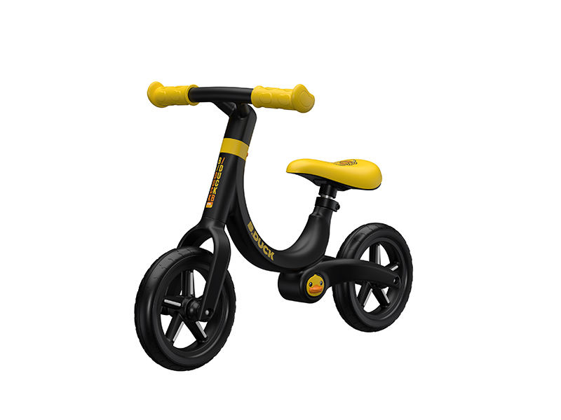 diagonal view of black w/ yellow seat balance bike