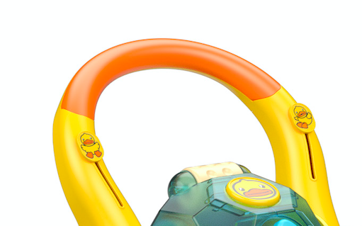 close up view of yellow push walker w/ roller handle