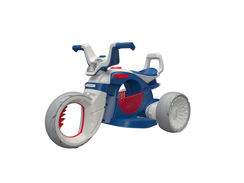 side view of blue and white kids tricycle
