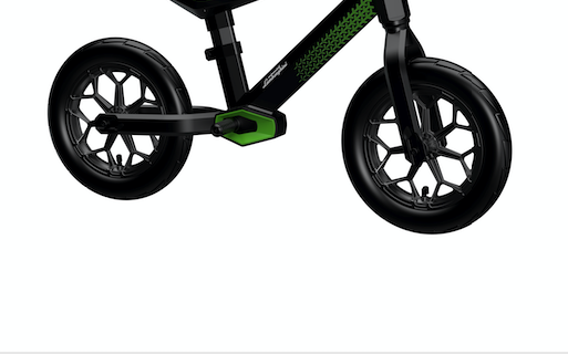 black and green balance bike base with both wheels shown