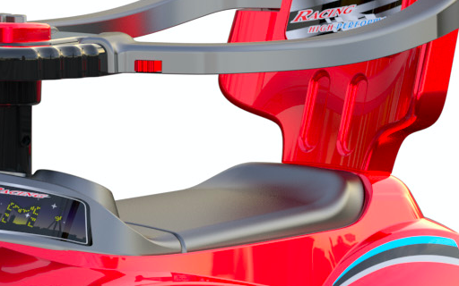 close up side view of red push walker seat