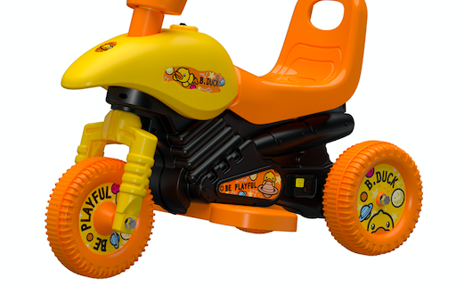 diagonal view of yellow ride on toy