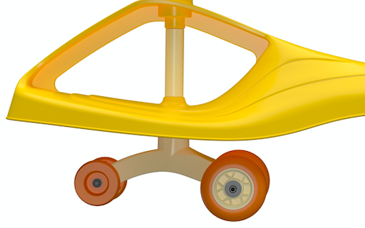 close up side view of yellow wiggle cars front wheels