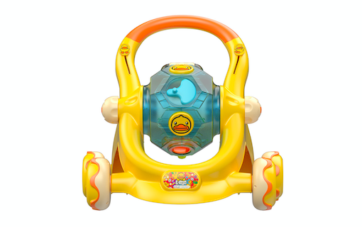front view of yellow push walker with a blue globe in the middle